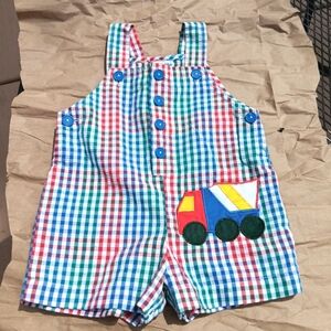 VTG 90s Baby Toddler Samara Overalls Plaid Embroidered Truck Pocket 6-9 Months